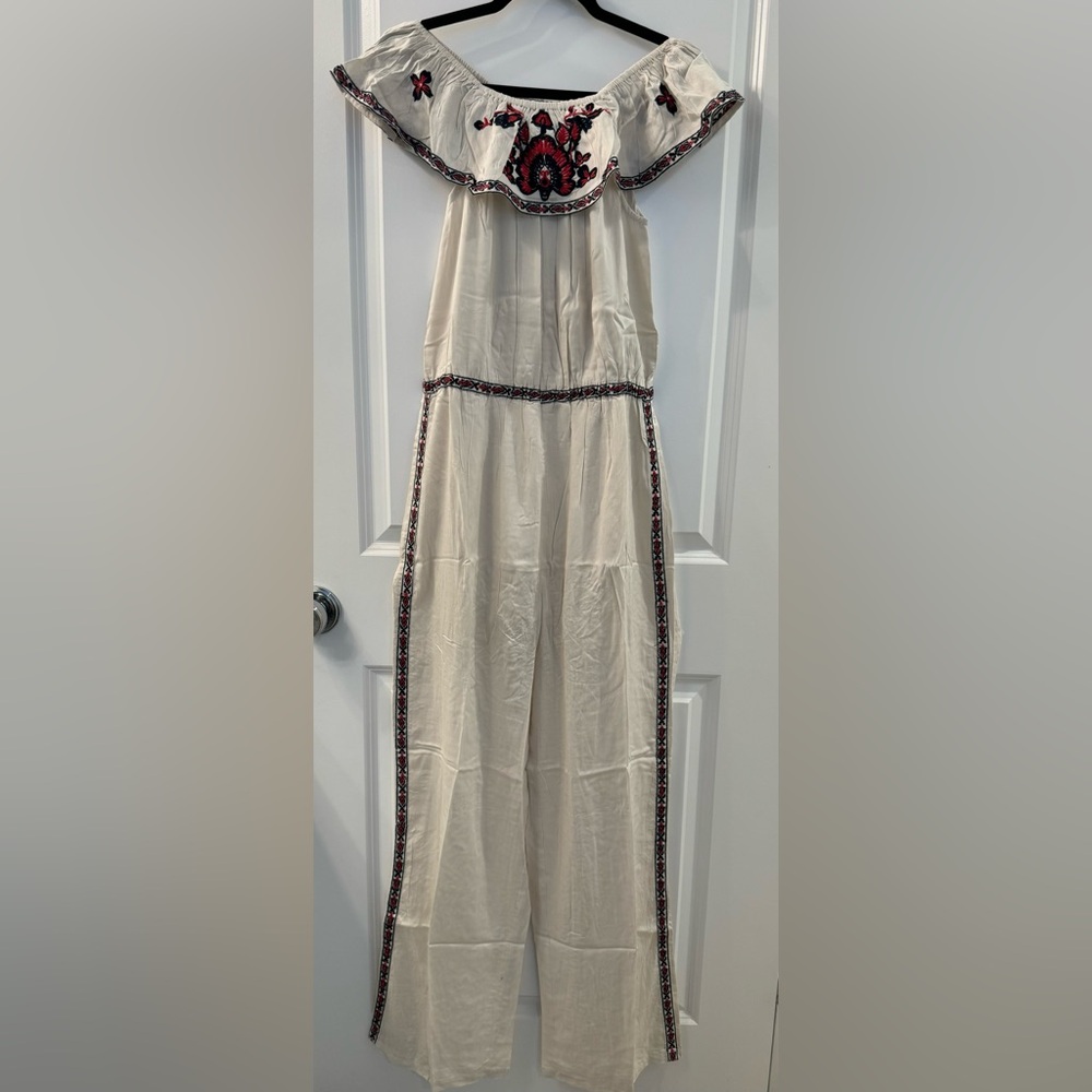 Raga Brand Off shoulder ruffle beige and red floral jumpsuit